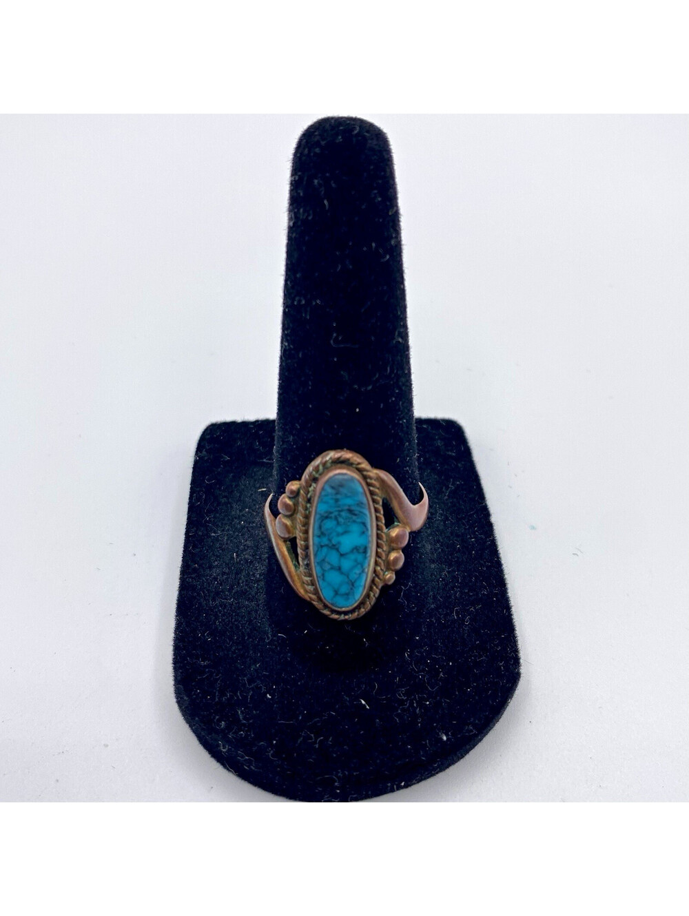 Copper Oval Blue Faux Turquoise Bezel Set Statement Boho Western Ring Band Sz 8